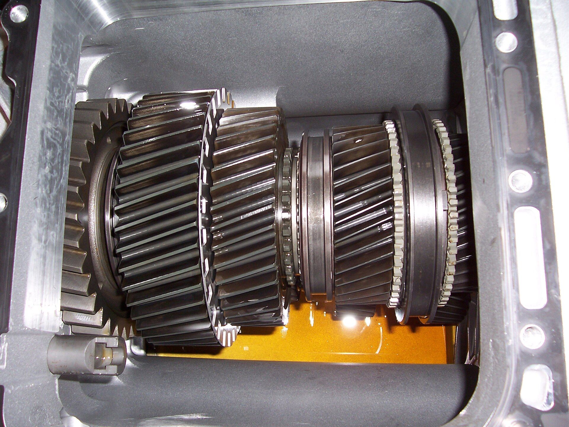 Internal shafts and gears of a Volvo I-Shift automated manual transmission