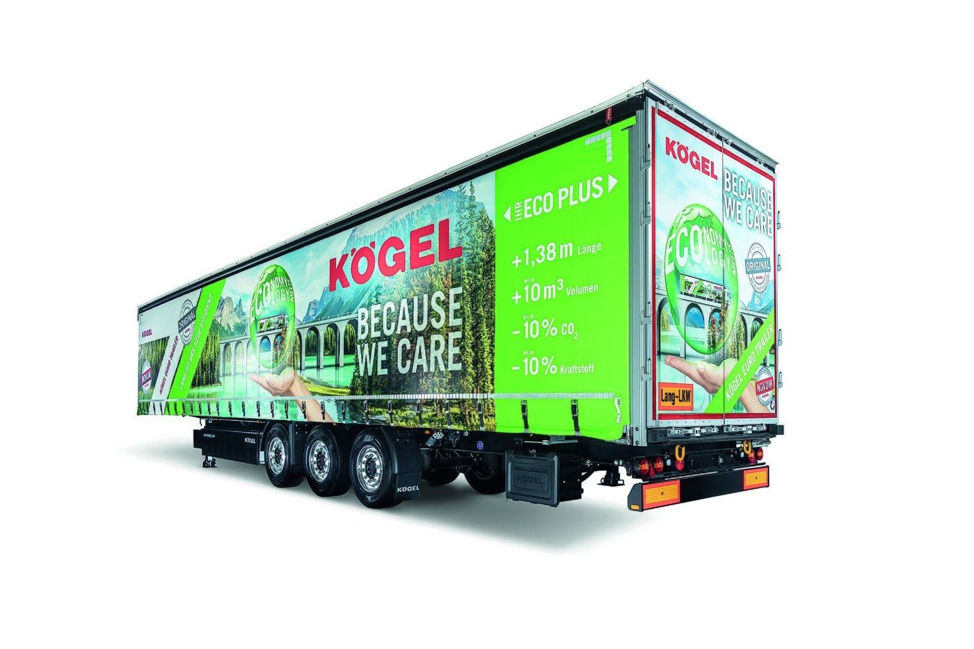Naczepa kurtynowa Kögel EuroTrailer generacji NOVUM, zabudowa Lang-Lkw typu 1 wydłużona o 1,38 m, widziana od tyłu, od strony krawężnika