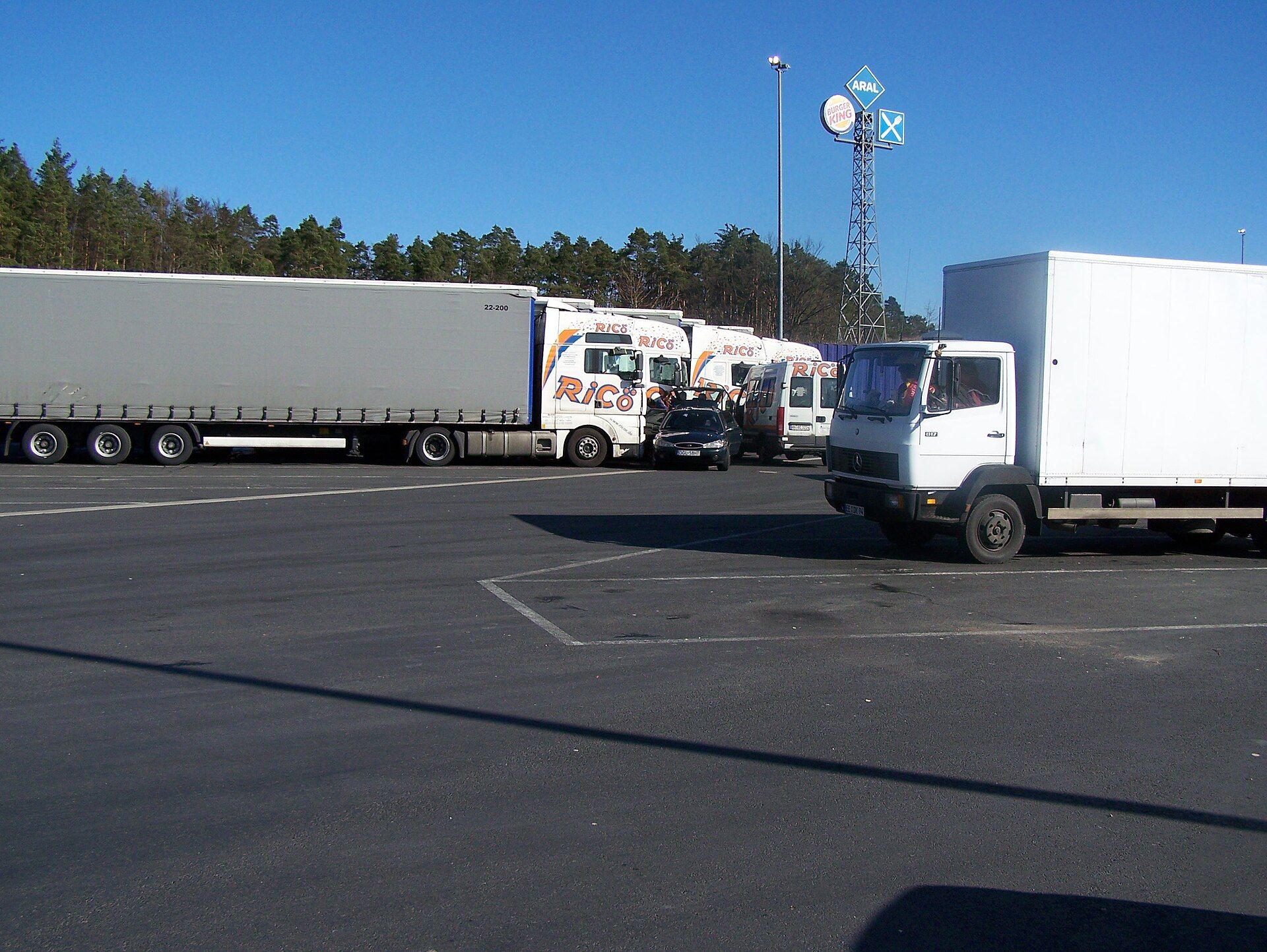 Lorries parked overnight in the lorry park of a German motorway service area