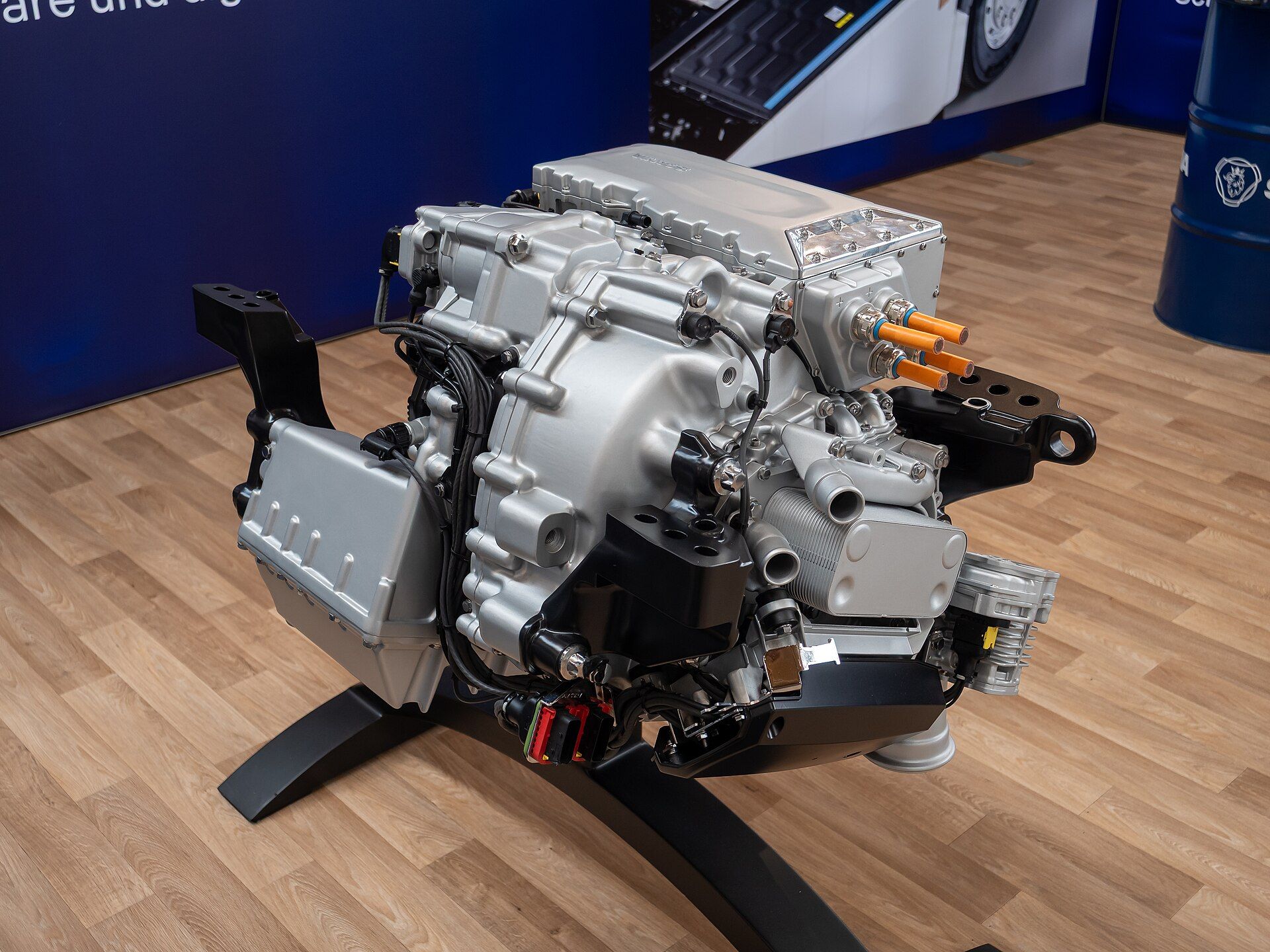 Scania heavy-duty diesel engine on a stand at the Nufam 2025 trade fair
