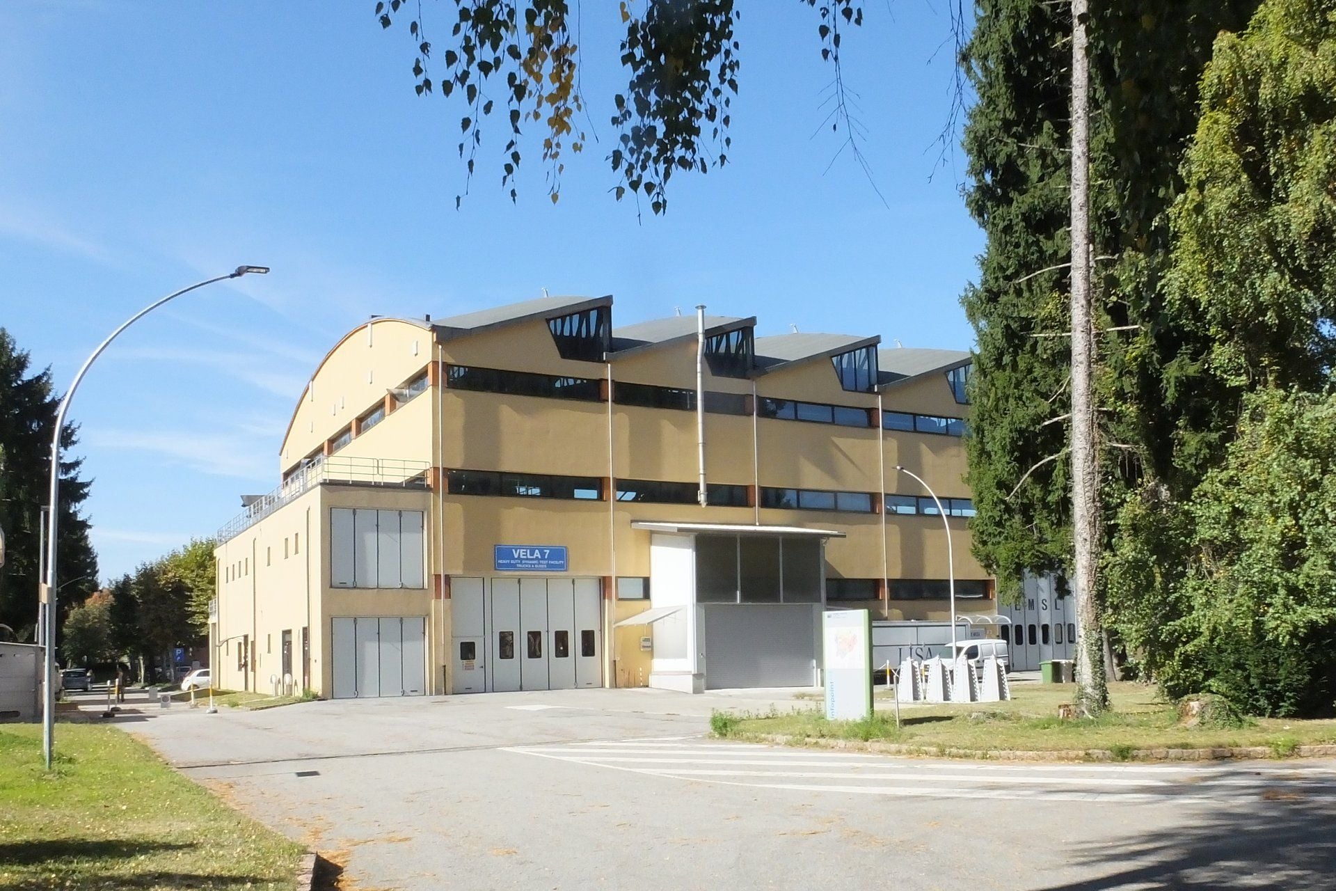 The VELA 7 building at the European Commission's Joint Research Centre in Ispra, Italy, marked as a heavy-duty test facility for trucks and buses