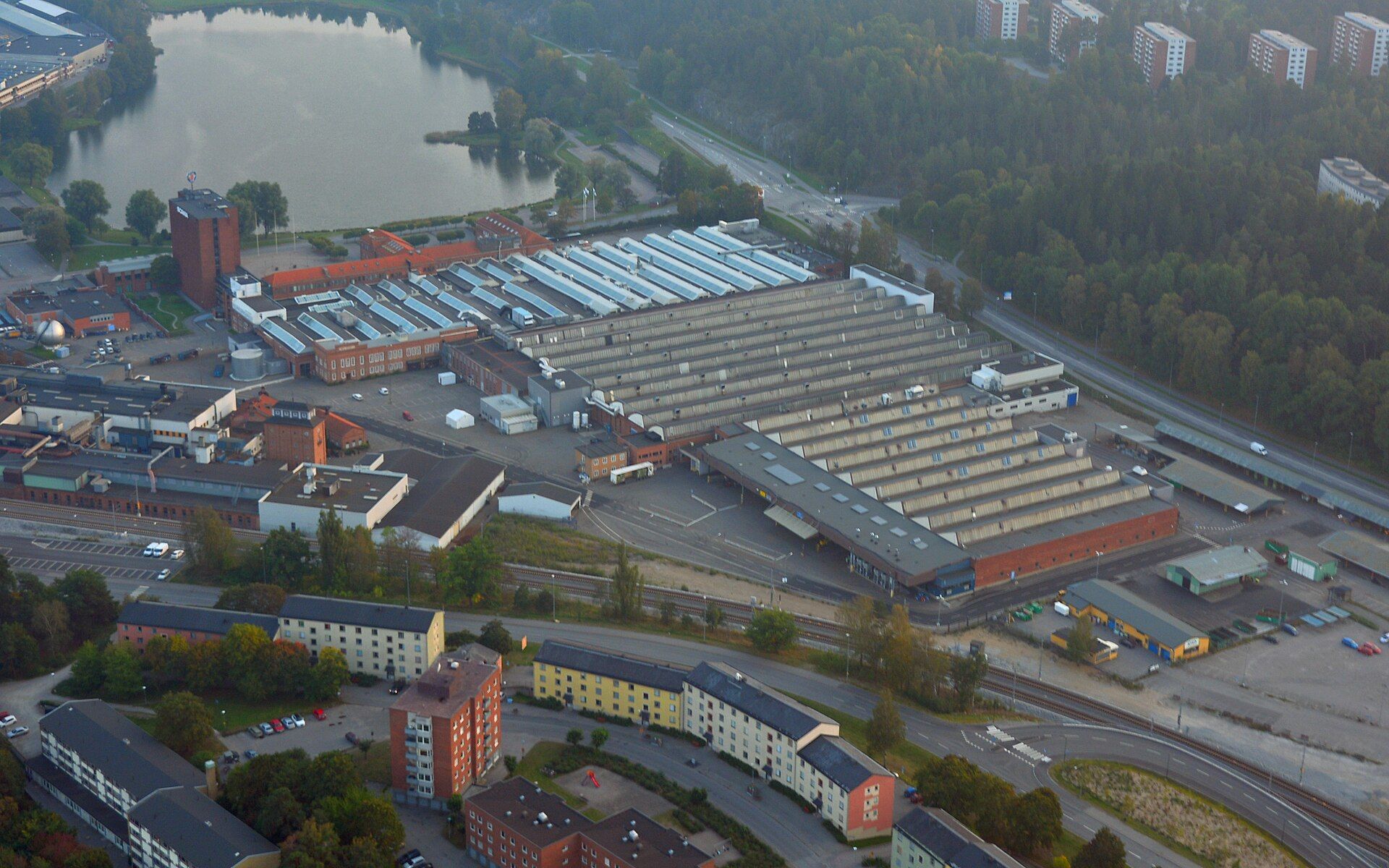 Aerial view of the Scania truck factory at Sodertalje, Sweden